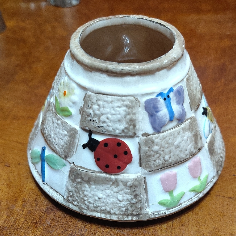 Hand-Painted Ceramic Garden-Themed Candle Shade with Ladybug and Butterfly